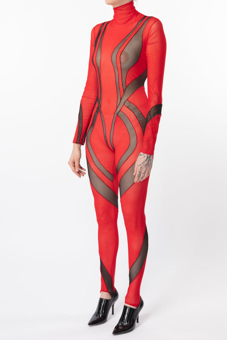 Red and Black Mesh Catsuit